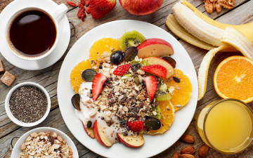 Картинка еда мюсли +хлопья фрукты завтрак ягоды орехи овсяные хлопья кофе