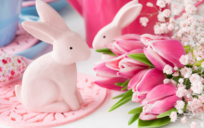 Обои картинки фото праздничные, пасха, spring, flowers, цветы, eggs, delicate, happy, decoration, bunny, easter, pastel, pink, тюльпаны, tulips, весна