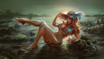 Картинка рисованное люди девушка фон купальник шляпа ворон рыба фужер грязь