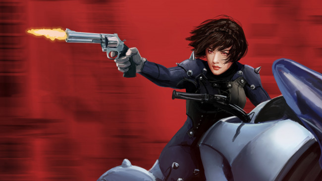 Обои картинки фото persona 5, видео игры, persona 3, девушка, фон, взгляд, униформа, байк, револьвер