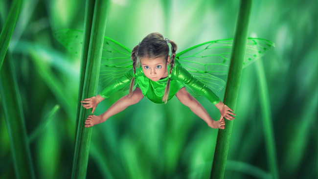 Обои картинки фото юмор и приколы, девочка, фея, крылья, трава, косички