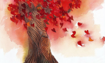 обоя рисованное, природа, дерево, осень, листья, сердечки