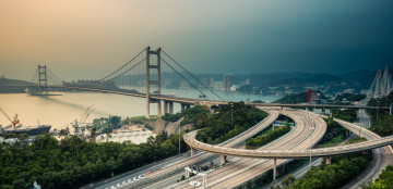 Картинка города гонконг+ китай гонконг мост дороги дома tsing ma bridge азия