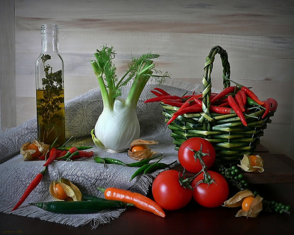 Обои картинки фото еда, натюрморт, перец, морковь, томаты, помидоры