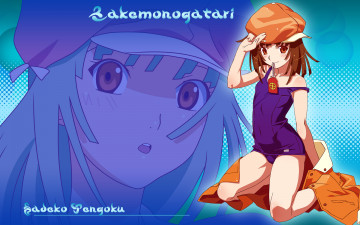 обоя аниме, bakemonogatari, sengoku nadeko, шляпа, пиджак, девушка, купальник, оберег