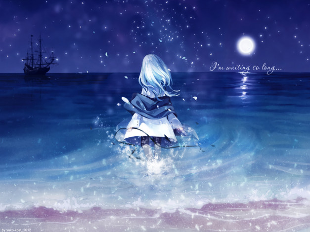 Обои картинки фото аниме, *unknown, другое, луна, корабль, море, девушка