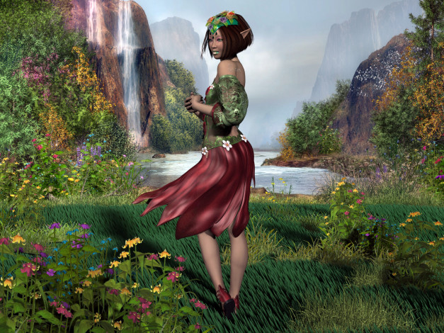 Обои картинки фото 3д, графика, elves, эльфы, водопад, эльфийка, лес, река, цветы