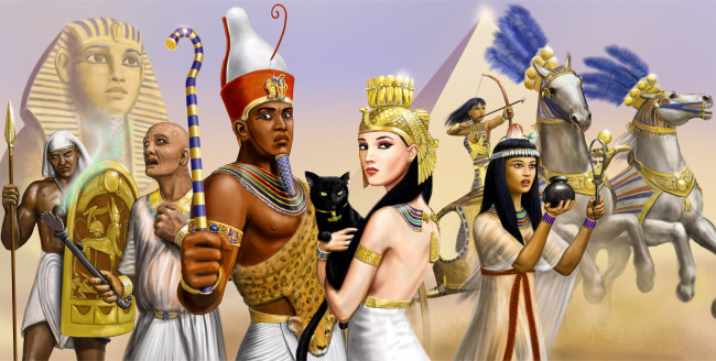 Обои картинки фото рисованные, люди, девушки, парни, египет, фараон, сфинкс, пирамида, кони, колесница, кошка, воин, жрец