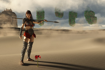 Картинка 3д+графика amazon+ амазонки девушка копье песок цветок