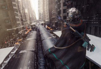 Картинка фэнтези роботы +киборги +механизмы плащ шлем дома арт фантастика sci-fi улица оружие рельсы