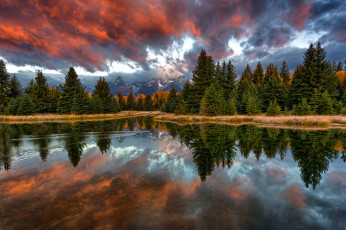 Картинка природа реки озера schwabachers landing национальный парк гранд-титон вайоминг сша горы лес река снейк утро утки отражения небо облака