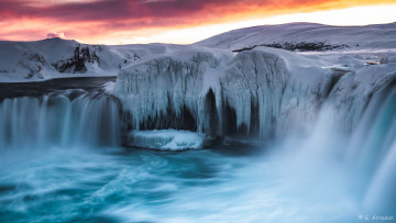 Картинка природа водопады водопад рассвет река лед снег зима