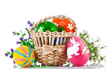 Картинка праздничные пасха корзинка цветочки яйца белый фон