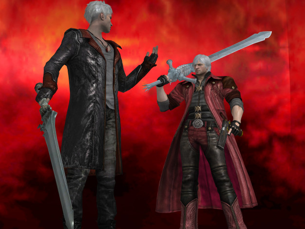 Обои картинки фото devil may cry 4, видео игры, оружие, фон, взгляд, мужчины