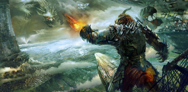 Обои картинки фото видео игры, guild wars, сражение, битва, фантастика, heart, of, thorns, guild, wars, 2, дракон, корабли, в, небе