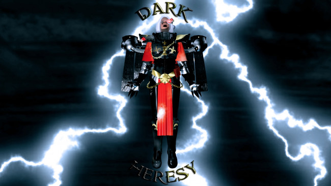 Обои картинки фото dark heresy, видео игры, - dark heresy, молнии, киборг, фон, взгляд, девушка