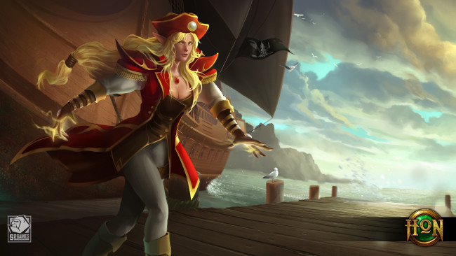 Обои картинки фото видео игры, heroes of newerth, шляпа, девушка, корабль, пират, artesia, heroes, of, newerth