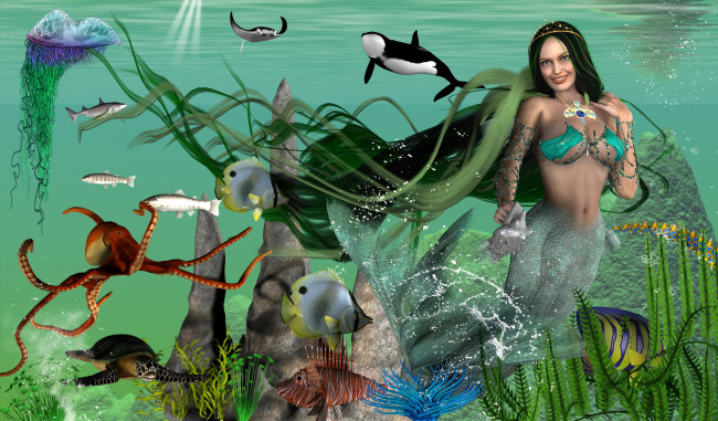 Обои картинки фото 3д графика, существа , creatures, русалка, море, улыбка, фон, взгляд, девушка, рыбки, скат, акула, растения, медуза