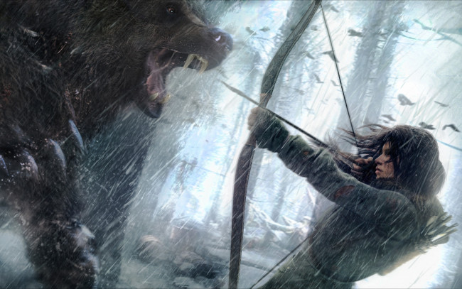 Обои картинки фото видео игры, tomb raider 2013, сибирь, снег, волк, девушка, rise, of, the, tomb, raider, lara, croft, стрела, лук