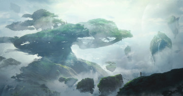 Картинка фэнтези пейзажи человек облака остров небо древо дерево tree of life фантастика пейзаж