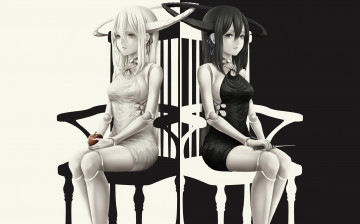 Картинка аниме оружие +техника +технологии куклы арт рога яблоко нож стулья девушки bouno satoshi