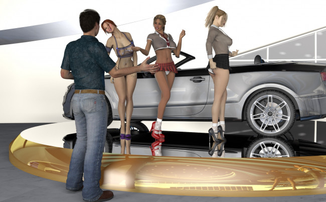 Обои картинки фото 3д графика, люди-авто, мото , people- car ,  moto, фон, взгляд, девушки, парень, автомобиль