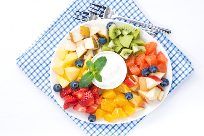 Обои картинки фото еда, фрукты,  ягоды, яблоко, киви, клубника, апельсин, грейпфрут, голубика, йогурт, мята, груша, ананас