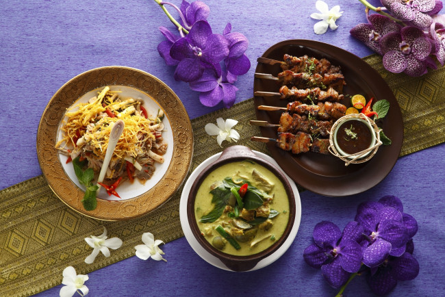 Обои картинки фото еда, разное, японская, кухня, мясо, крем-суп, орхидея