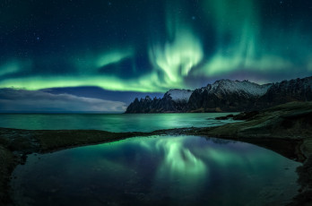 Картинка природа северное+сияние сияние ночь озеро горы
