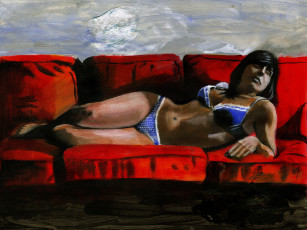 Картинка рисованное живопись диван фон девушка