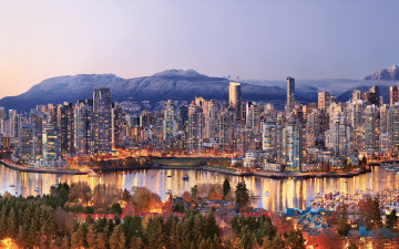 обоя ванкувер, канада, города, ванкувер , небоскребы, cityscape, evening, skyscrapers, vancouver, город, причал, canada, 4k