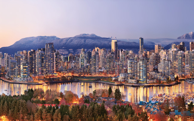 Обои картинки фото ванкувер, канада, города, ванкувер , небоскребы, cityscape, evening, skyscrapers, vancouver, город, причал, canada, 4k