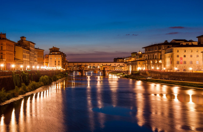 Обои картинки фото города, флоренция , италия, вечер, огни, река, мост