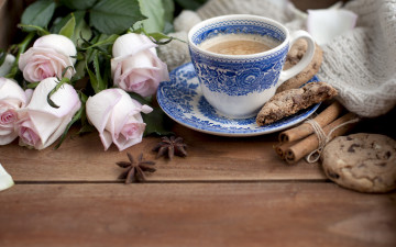 Картинка еда кофе +кофейные+зёрна корица гвоздика цветы розы