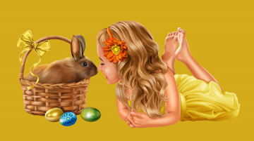 обоя пасха, праздничные, радость, корзина, яйца, кролик, девочка, бант