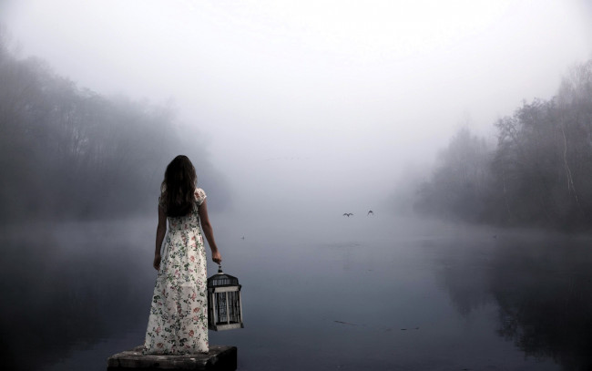 Обои картинки фото девушки, - брюнетки,  шатенки, брюнетка, платье, клетка, озеро, туман