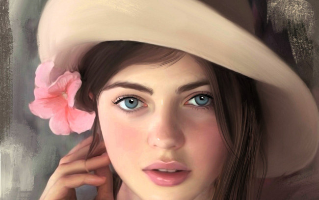Обои картинки фото рисованное, дети, девочка, лицо, шляпа, цветок