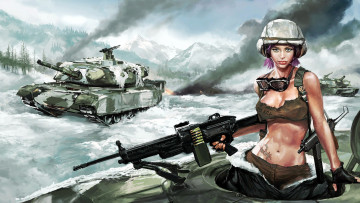 обоя рисованные, армия, оружие, война, танк, зима, девушка
