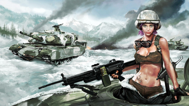 Обои картинки фото рисованные, армия, оружие, война, танк, зима, девушка