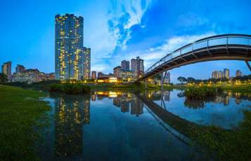 обоя города, сингапур, мост, отражение, река