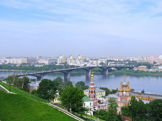 Обои картинки фото нижний, новгород, города, панорамы, река, дома, мост
