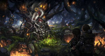 Картинка фэнтези люди дерево лес огни