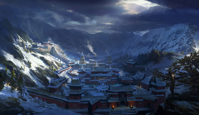 Обои картинки фото фэнтези, замки, пагода, девушка, снег, храм, горы, город