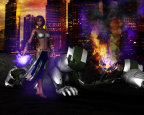 Картинка 3д+графика фантазия+ fantasy фон взгляд девушка огонь город