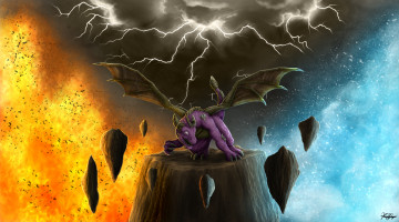 Картинка рисованное животные +сказочные +мифические дракон молнии скала огонь