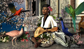 Картинка 3д+графика люди+ people фазан фон цветы попугаи взгляд девушка