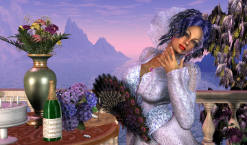 Картинка 3д+графика люди+ people веер шампанское стол фон ваза цветы взгляд девушка