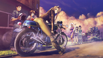 обоя аниме, aa megami-sama, улица, персонажи, мотоцикл, поза, девушки, art, socha, morisato, megumi, skuld, keiichi, взгляд, улыбка, urd, парни, belldandy