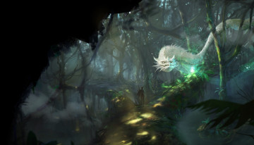 Картинка фэнтези драконы белый дракон арт фантастика человек лес деревья природа