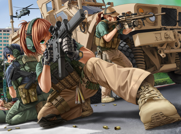 Обои картинки фото аниме, оружие,  техника,  технологии, солдаты, девушки